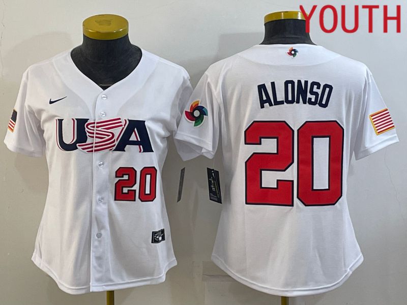 Youth 2023 World Cub USA 20 Alonso White MLB Jersey3